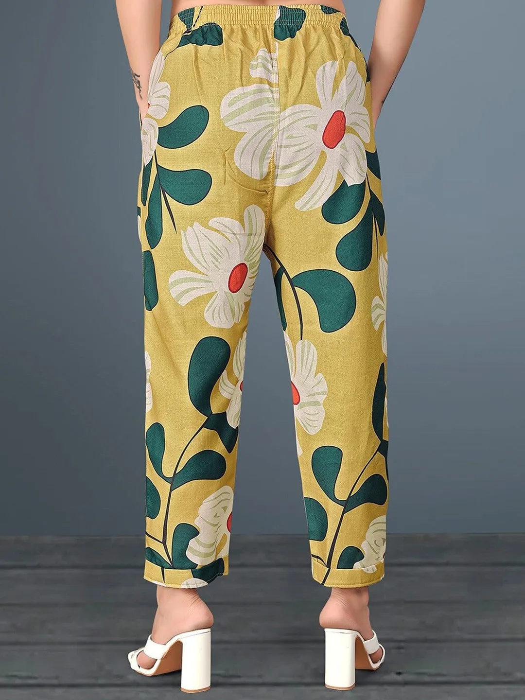 Mustard Floral Print Cropped Flared Trousers