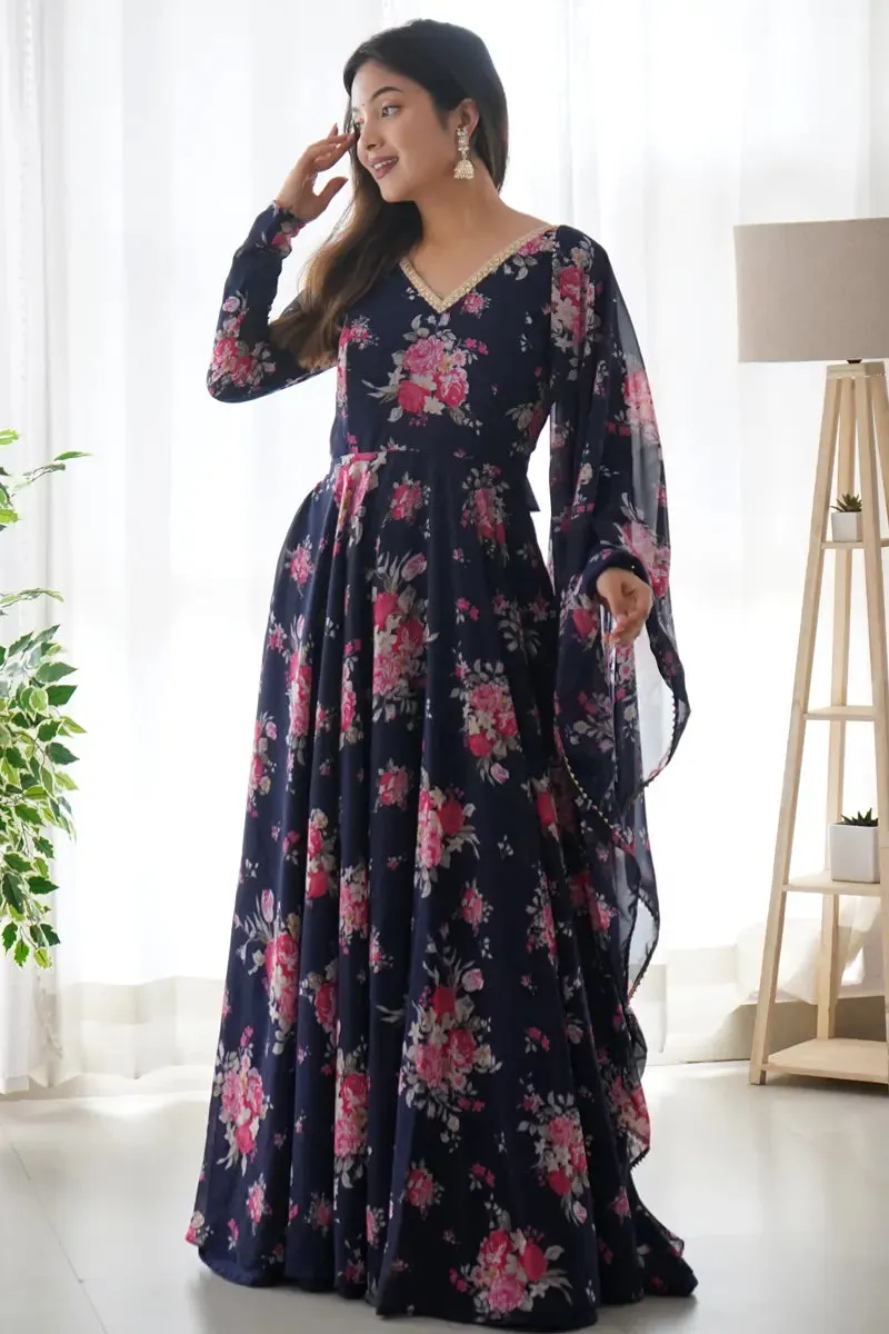 Navy Blue Floral Print Gown For Raksha Bandhan