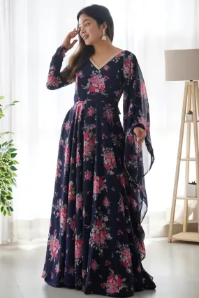 Navy Blue Floral Print Gown For Raksha Bandhan