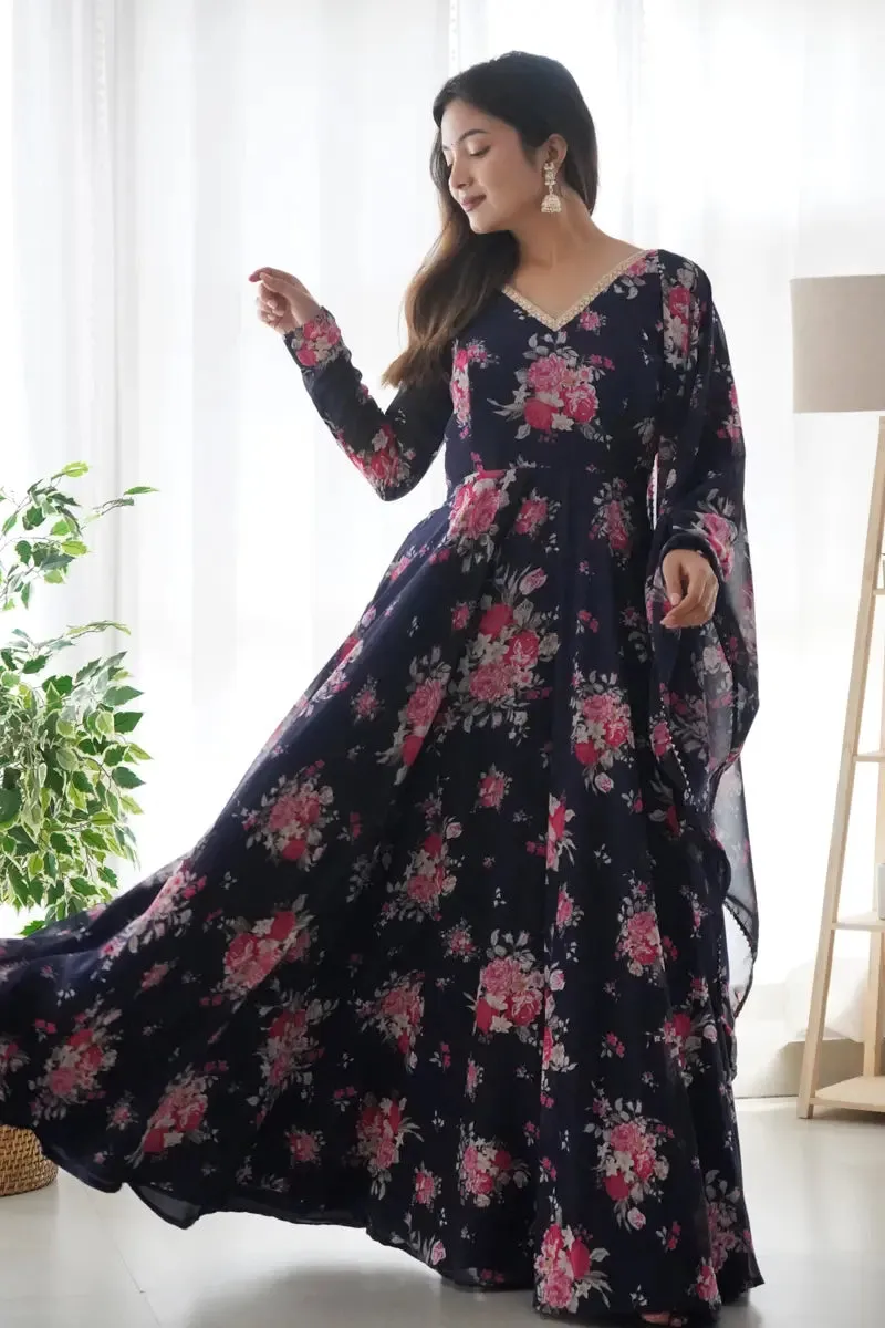 Navy Blue Floral Print Gown For Raksha Bandhan