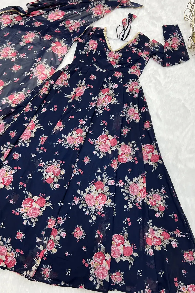 Navy Blue Floral Print Gown For Raksha Bandhan