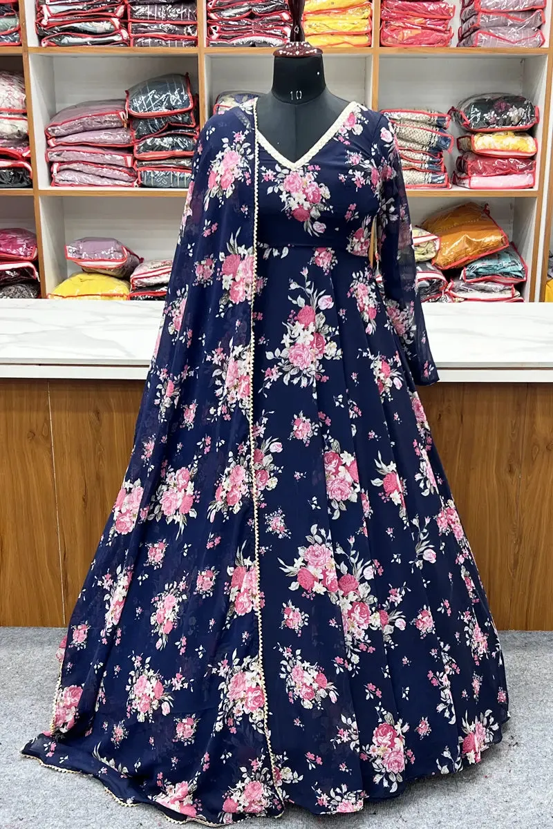 Navy Blue Floral Print Gown For Raksha Bandhan