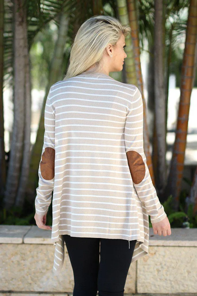 Oatmeal Striped Cardigan with Elbow Patches