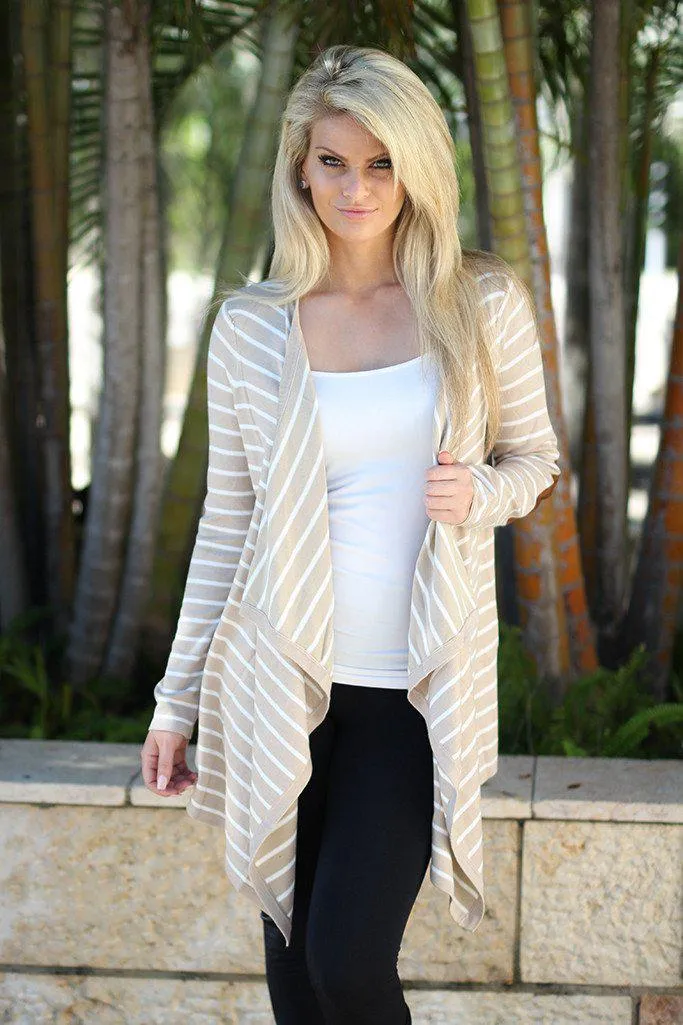 Oatmeal Striped Cardigan with Elbow Patches