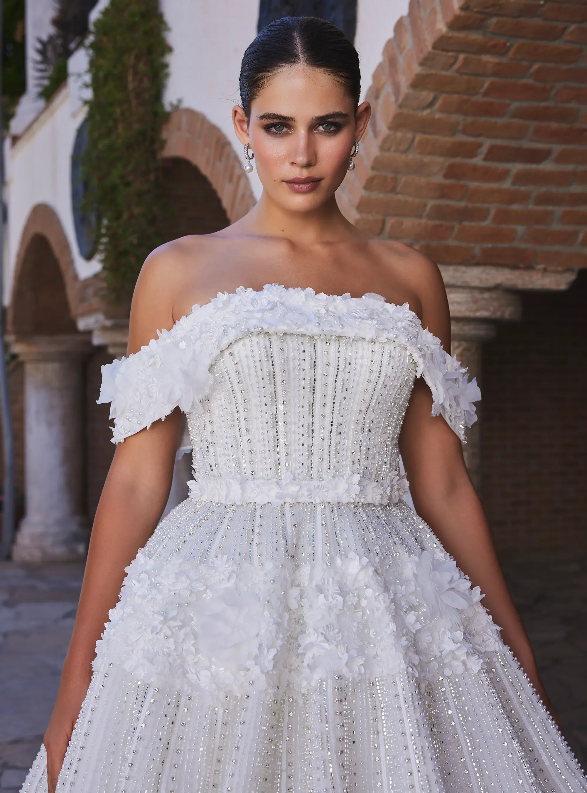 Off Shoulder Bridal Gown with Heavily Embellished Floral Embroidery