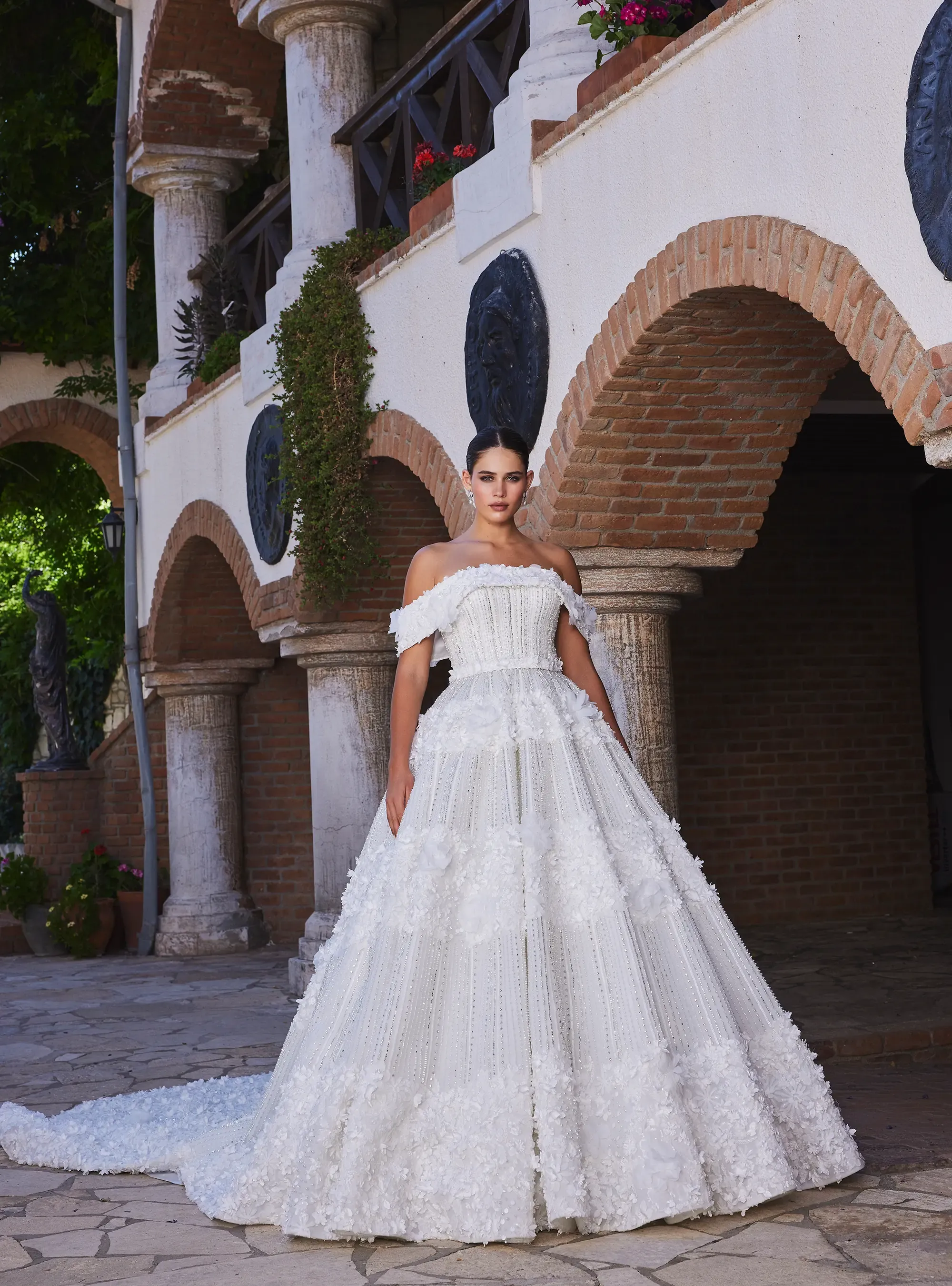 Off Shoulder Bridal Gown with Heavily Embellished Floral Embroidery