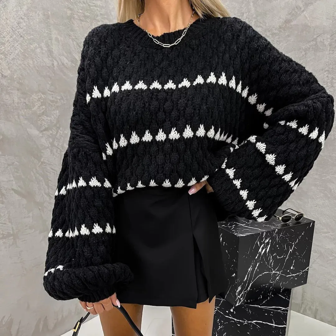 Oversized Sweaters Striped Long Lantern Sleeve Crew Neck Fall Trendy Knit Pullover Sweater