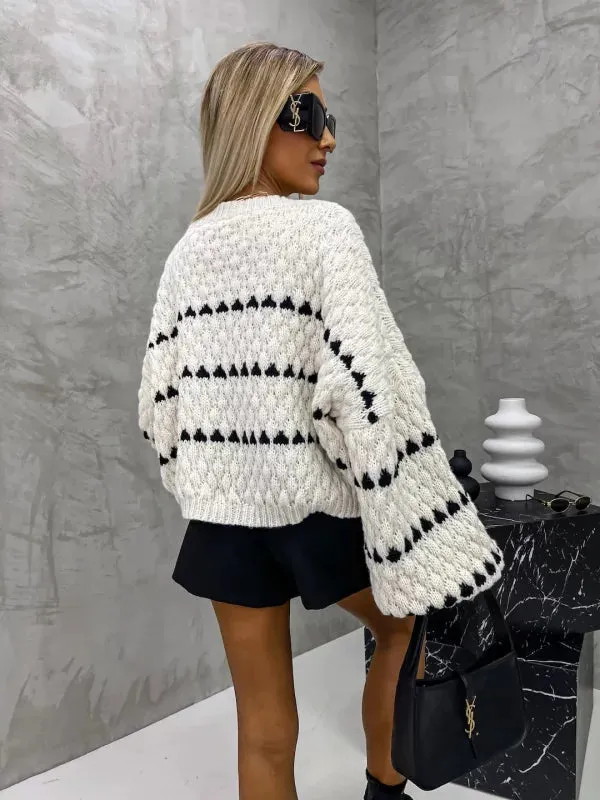 Oversized Sweaters Striped Long Lantern Sleeve Crew Neck Fall Trendy Knit Pullover Sweater