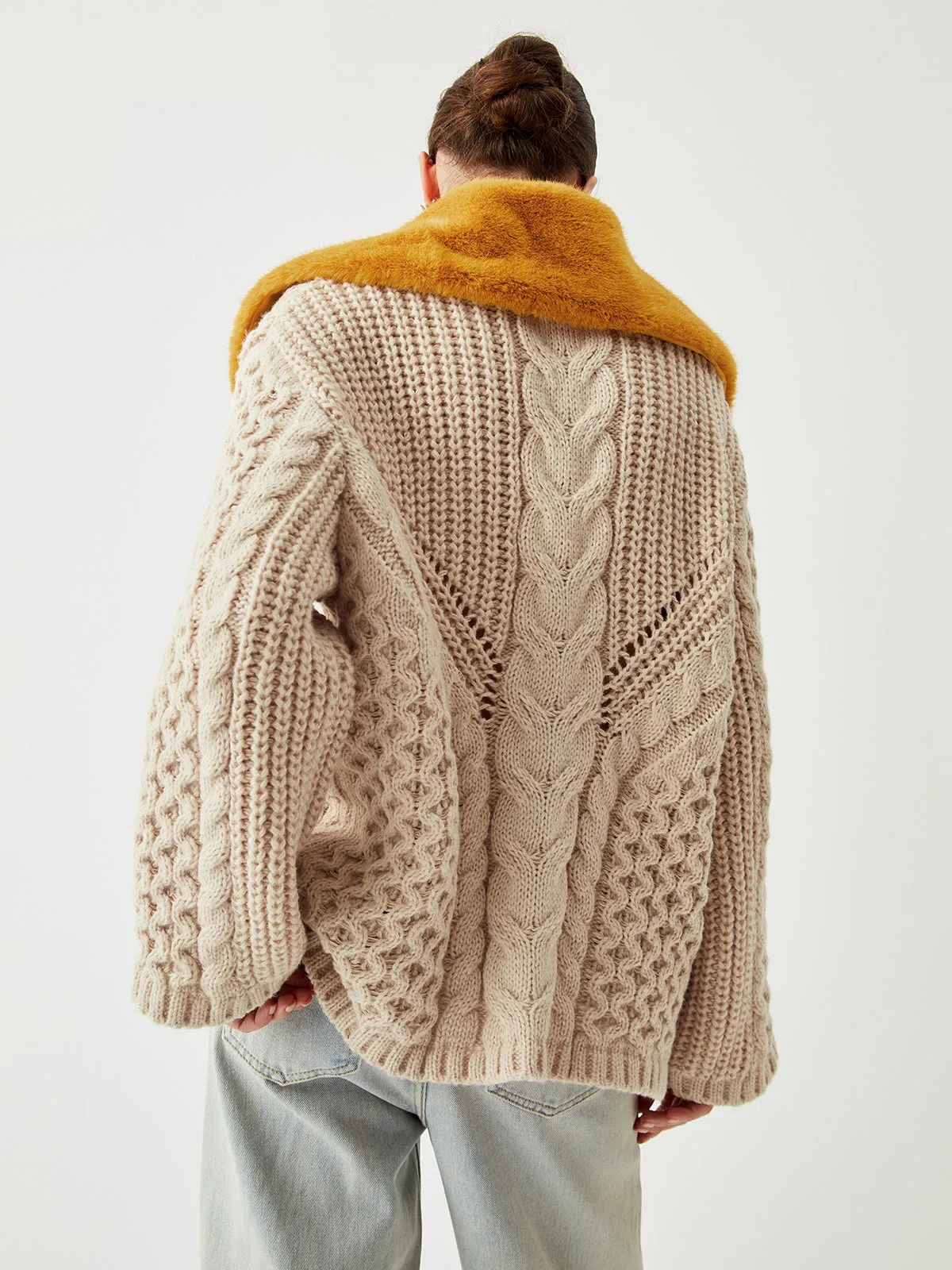 Patchwork Fuzzy Collar Trendy Oversized Knit Cardigan