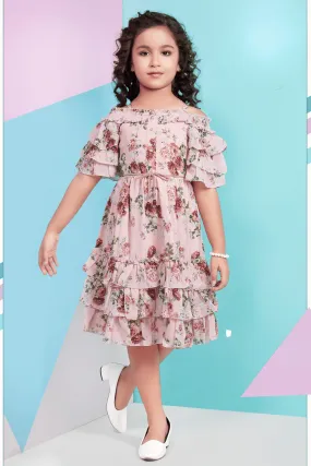 Peach Floral Print Knee Length Casual Frock For Girls