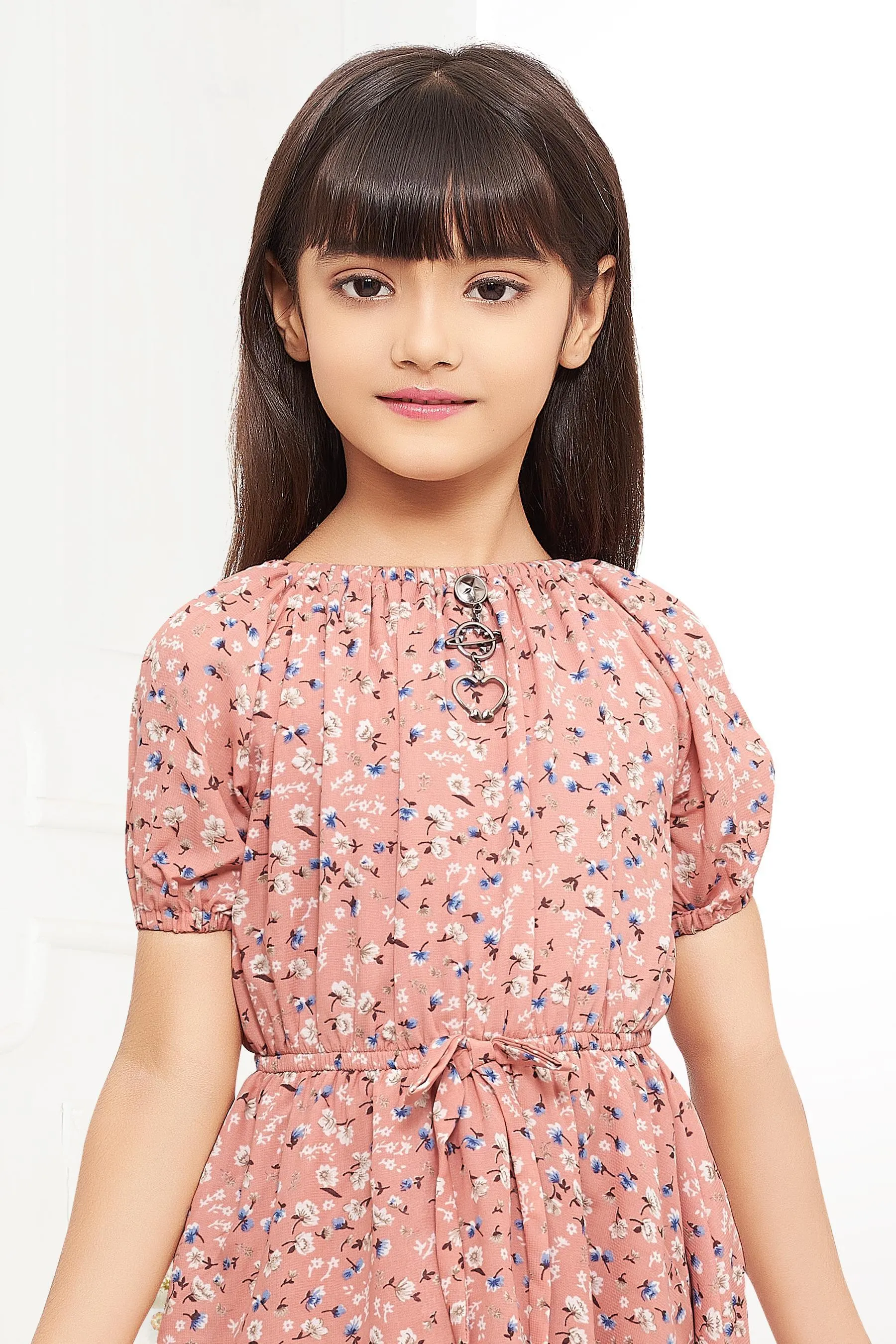 Peach Multicolor Floral Print Knee Length Casual Frock for Girls