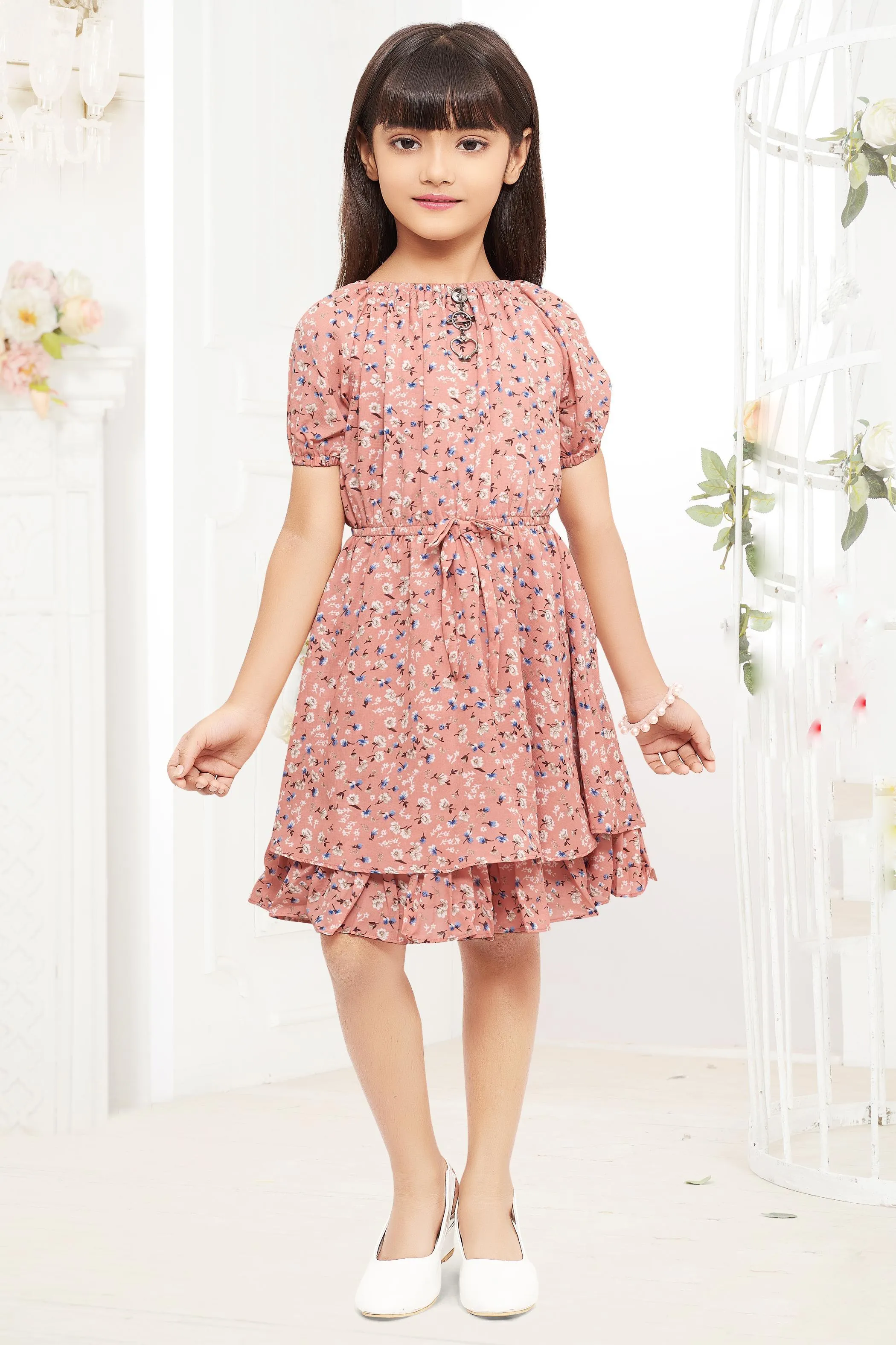 Peach Multicolor Floral Print Knee Length Casual Frock for Girls