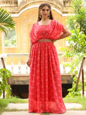 Pink Georgette Floral Print Flared Gown