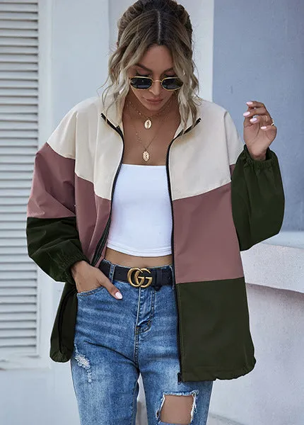 Popular Spliced Women Europe Personality Trendy Casual Color-Matching Windbreaker Zipper Cardigan Outerwear