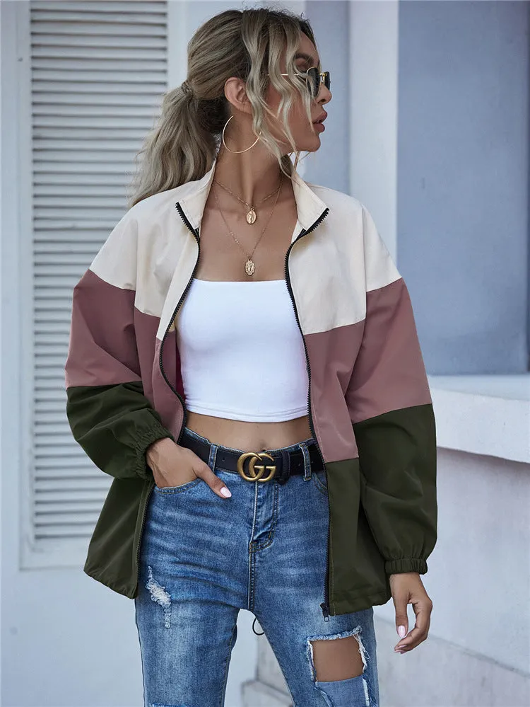 Popular Spliced Women Europe Personality Trendy Casual Color-Matching Windbreaker Zipper Cardigan Outerwear