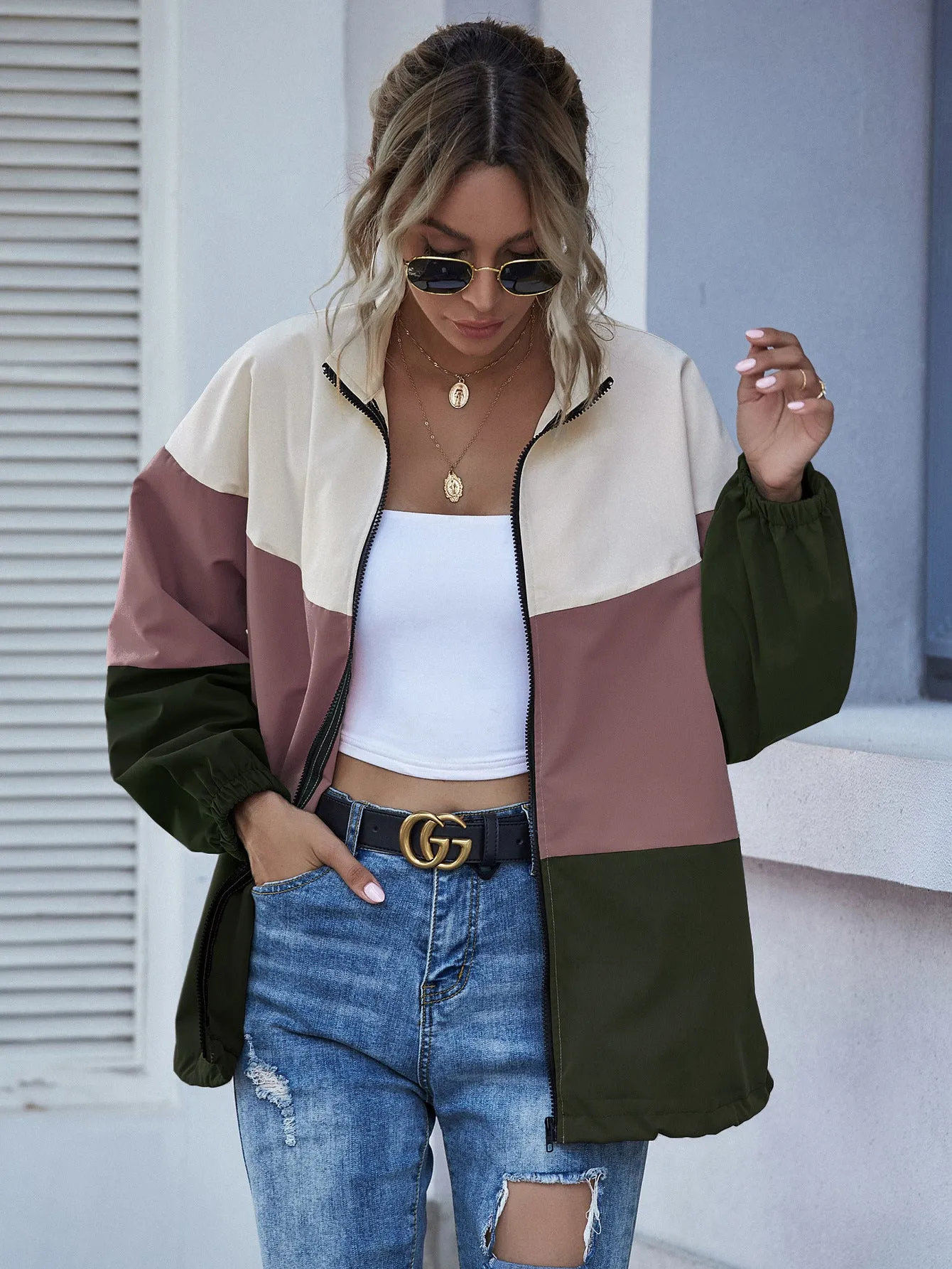 Popular Spliced Women Europe Personality Trendy Casual Color-Matching Windbreaker Zipper Cardigan Outerwear