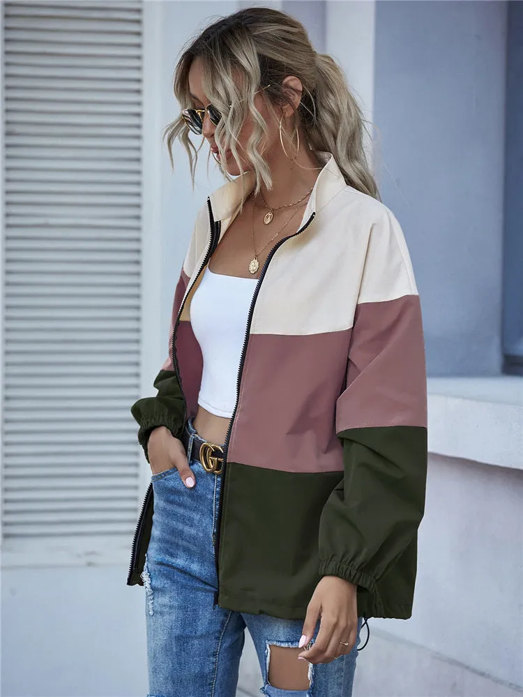 Popular Spliced Women Europe Personality Trendy Casual Color-Matching Windbreaker Zipper Cardigan Outerwear