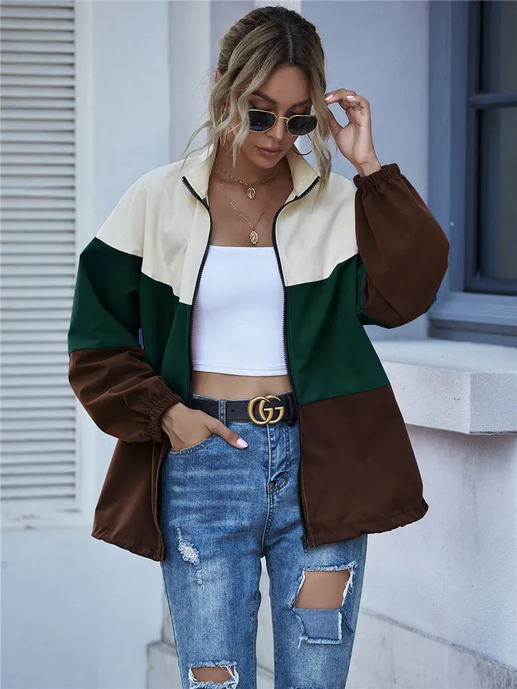 Popular Spliced Women Europe Personality Trendy Casual Color-Matching Windbreaker Zipper Cardigan Outerwear