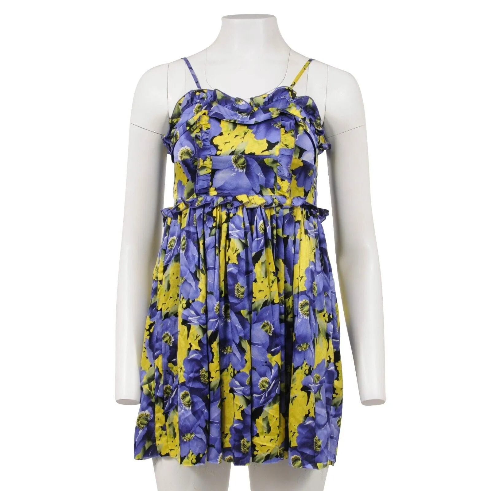 Purple Yellow Floral Print Pleated Ruffle Mini Dress