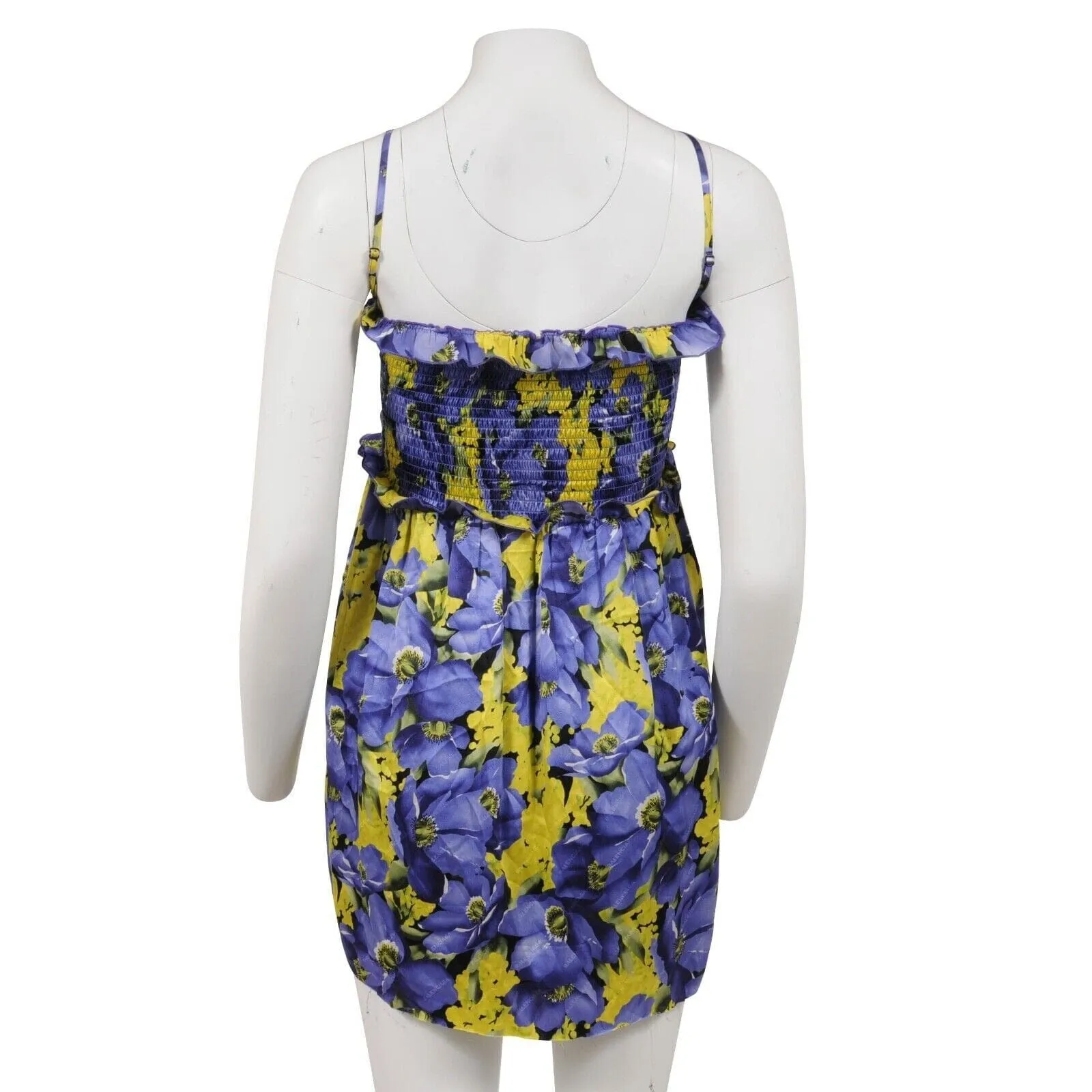 Purple Yellow Floral Print Pleated Ruffle Mini Dress