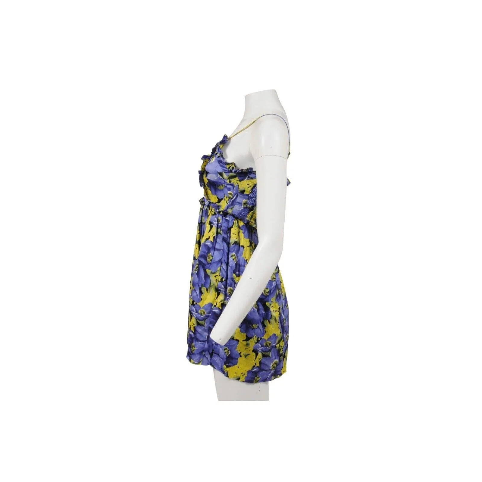 Purple Yellow Floral Print Pleated Ruffle Mini Dress