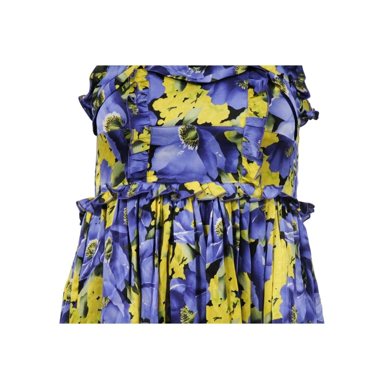 Purple Yellow Floral Print Pleated Ruffle Mini Dress