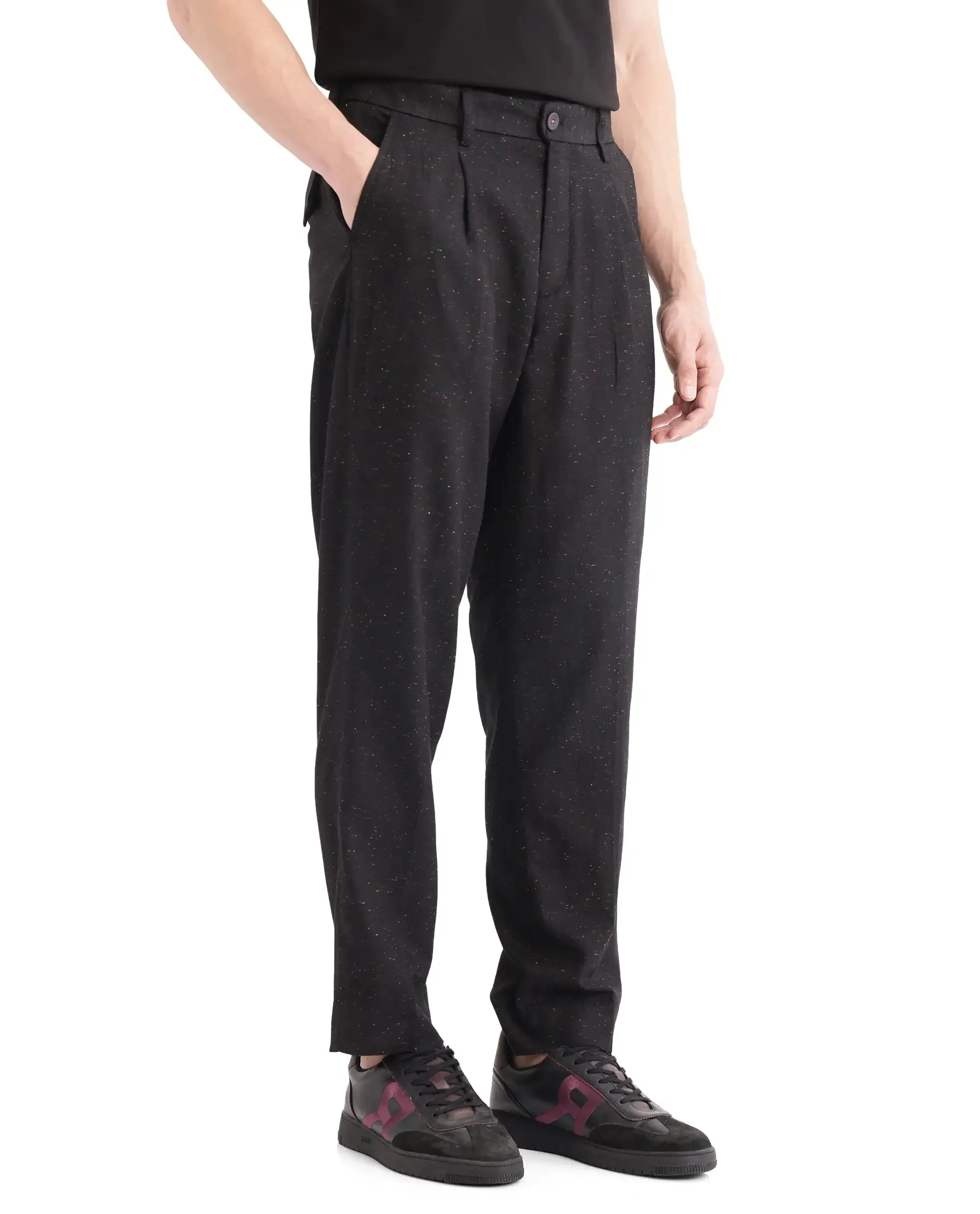 Rare Rabbit Men Biot Black Cotton Elastane Fabric Mid Rise Fantasy Print Pleated Plain Trouser