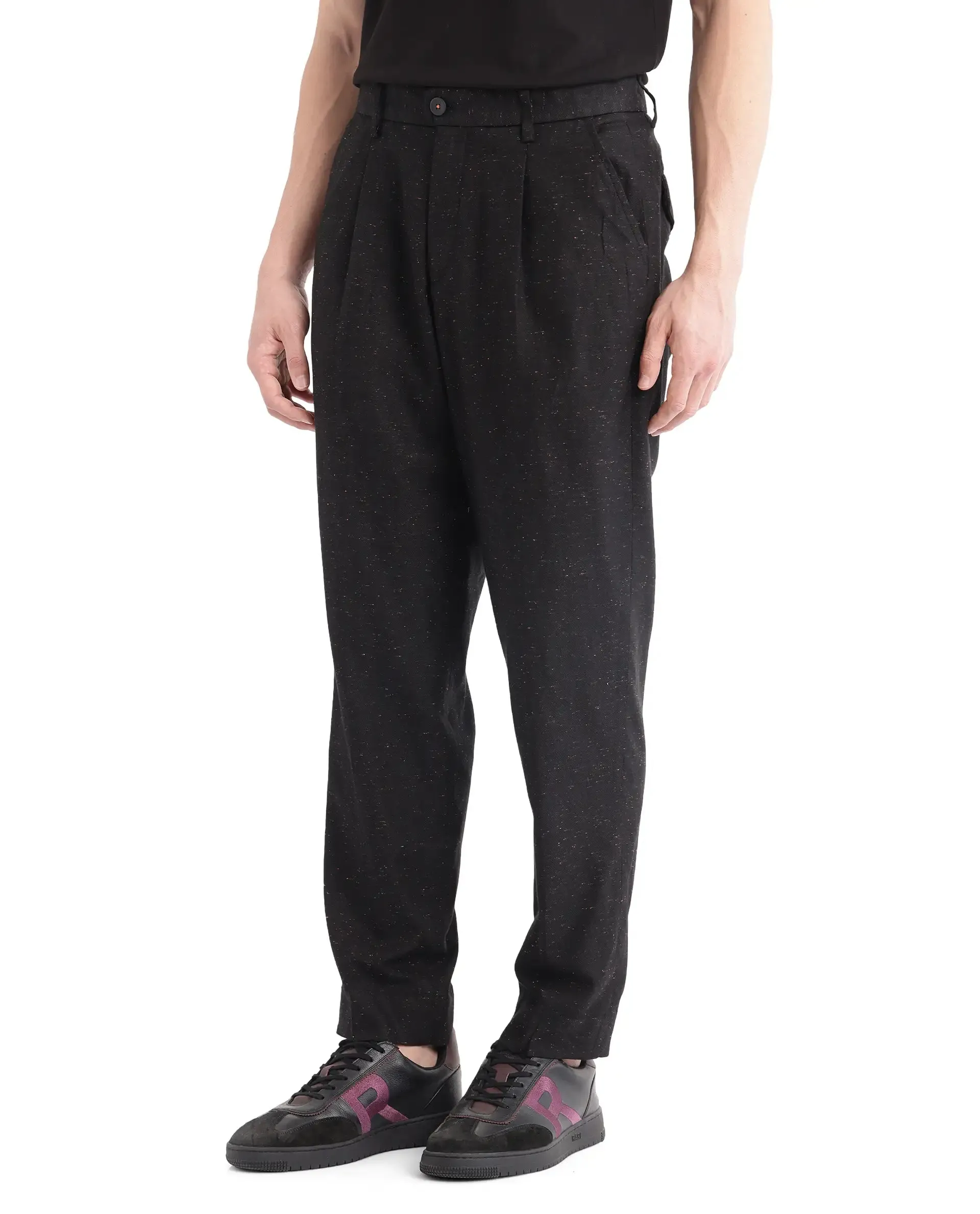 Rare Rabbit Men Biot Black Cotton Elastane Fabric Mid Rise Fantasy Print Pleated Plain Trouser