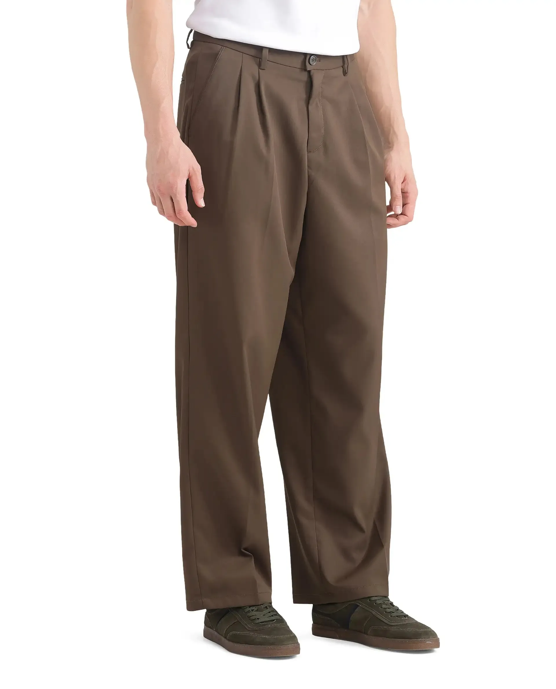 Rare Rabbit Men Enzot Olive Button Closure Regular Fit Plain Trouser