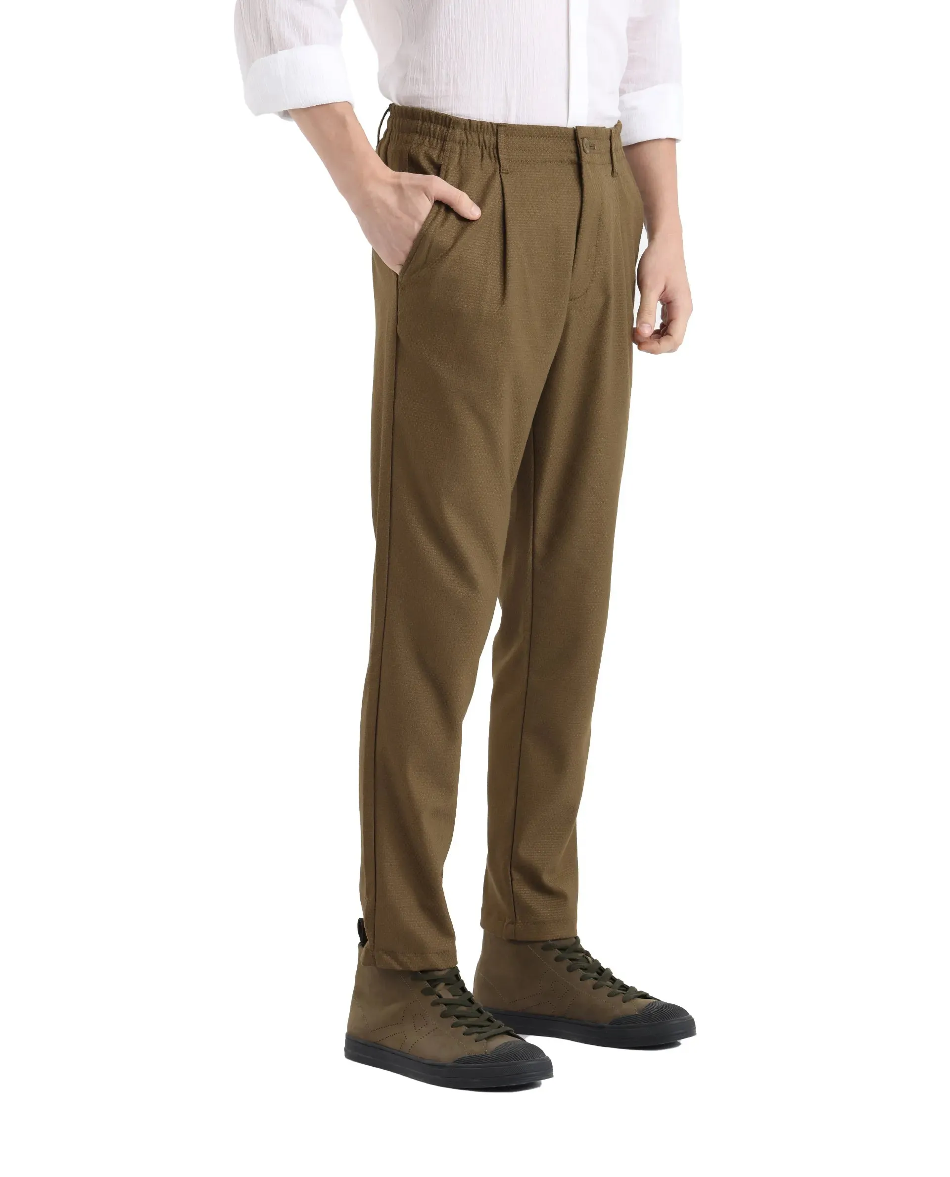 Rare Rabbit Men Tula Light Olive Cotton Fabric Relaxed Fit Elasticated Waistband Plain Trouser