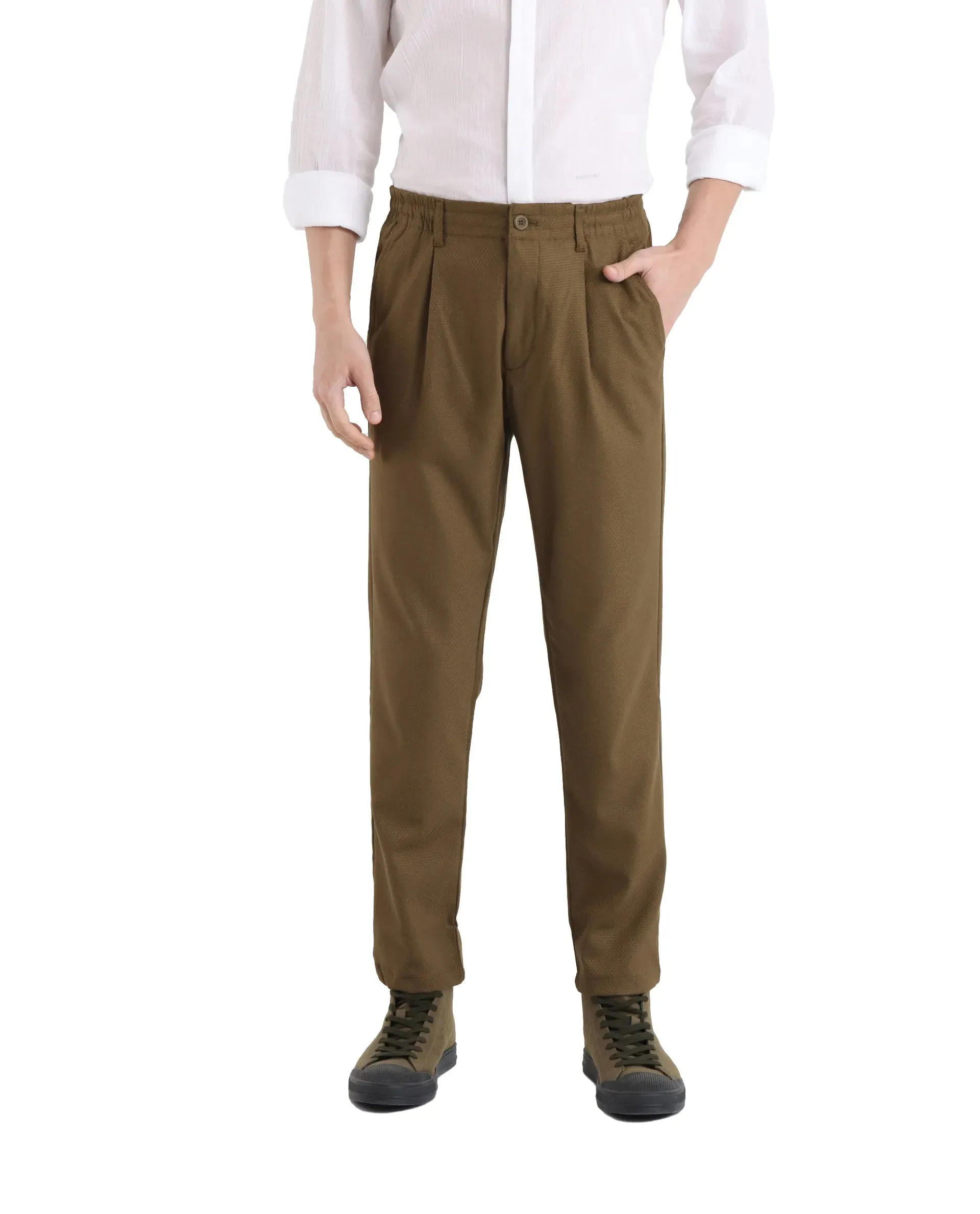 Rare Rabbit Men Tula Light Olive Cotton Fabric Relaxed Fit Elasticated Waistband Plain Trouser