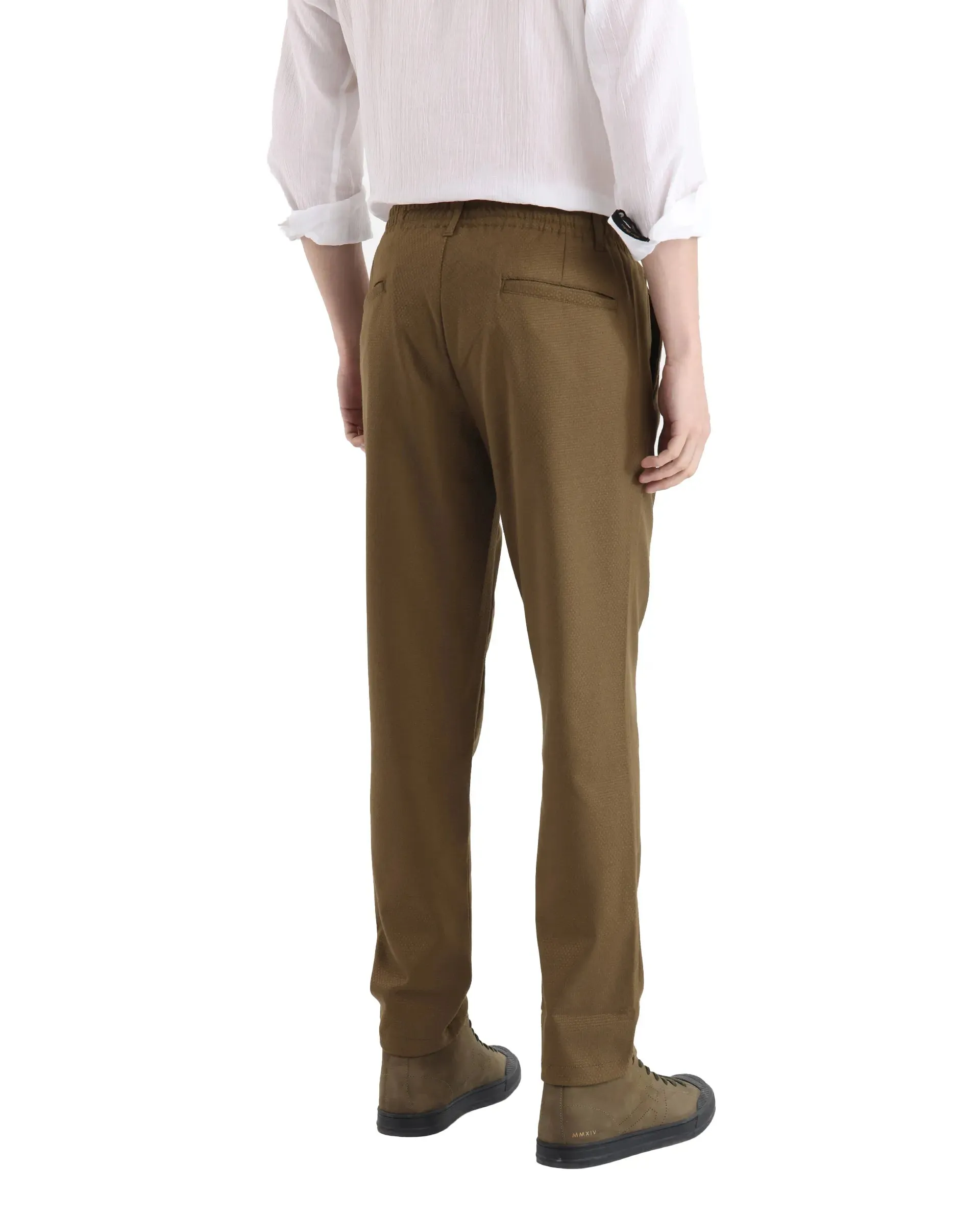 Rare Rabbit Men Tula Light Olive Cotton Fabric Relaxed Fit Elasticated Waistband Plain Trouser