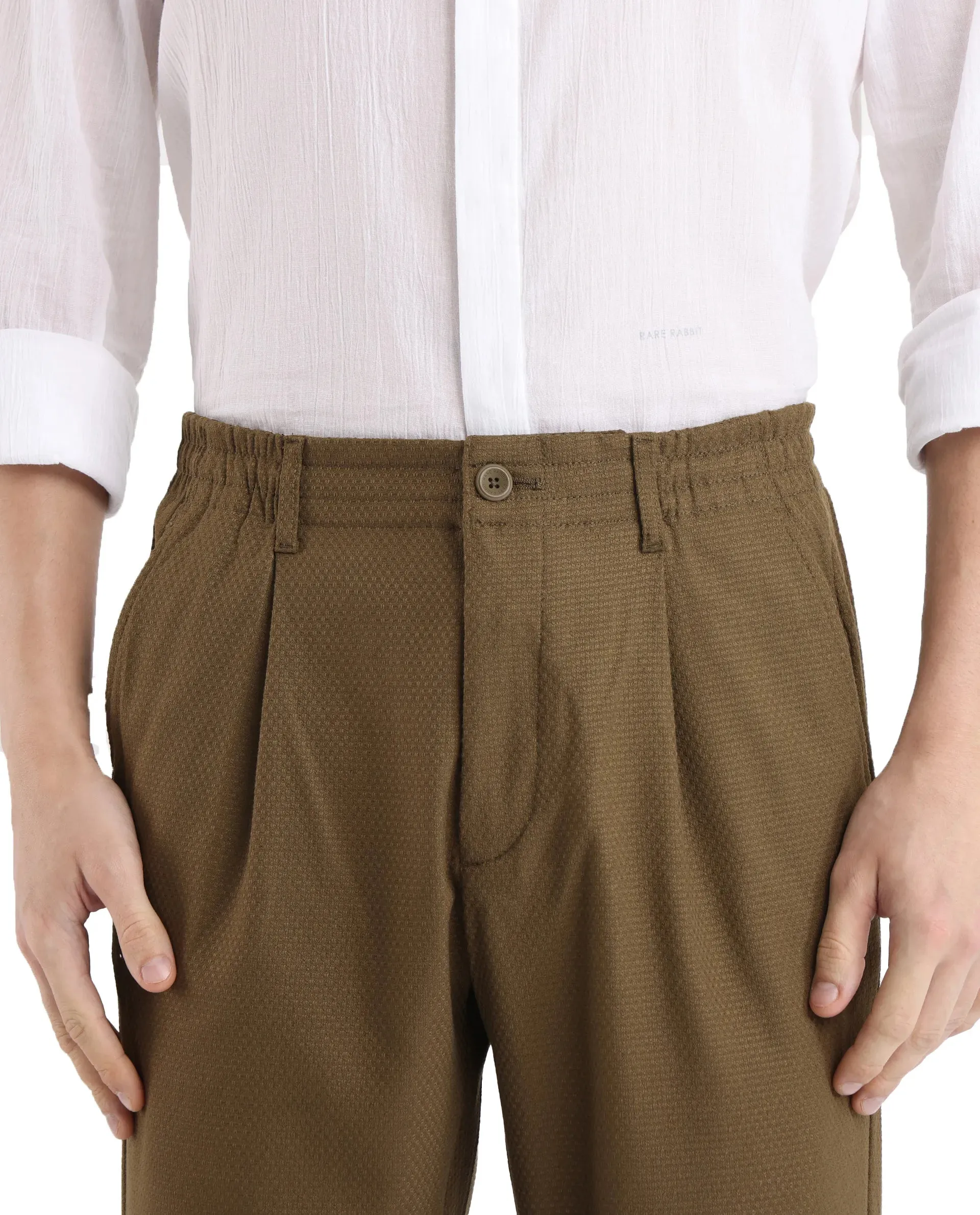 Rare Rabbit Men Tula Light Olive Cotton Fabric Relaxed Fit Elasticated Waistband Plain Trouser