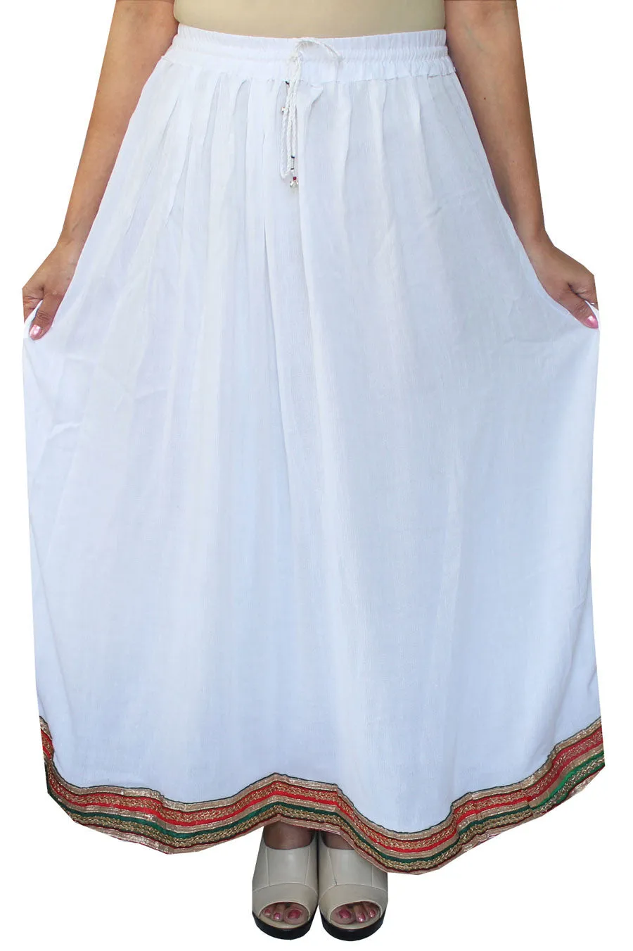 Rayon Solid Color Long Skirt Womens Indian Clothing (White)