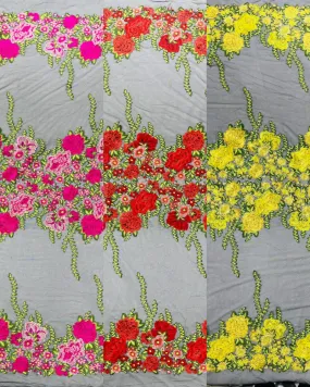 Roses Multi Color Floral Design Embroider On Mesh Lace (by the yard)