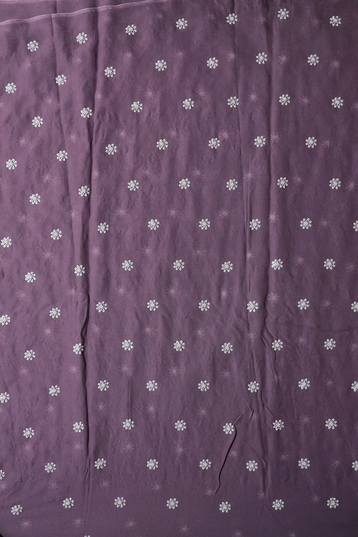 Silver Beads With Sequins Small Floral Handwork Embroidery On Viola Purple Viscose Georgette Fabric