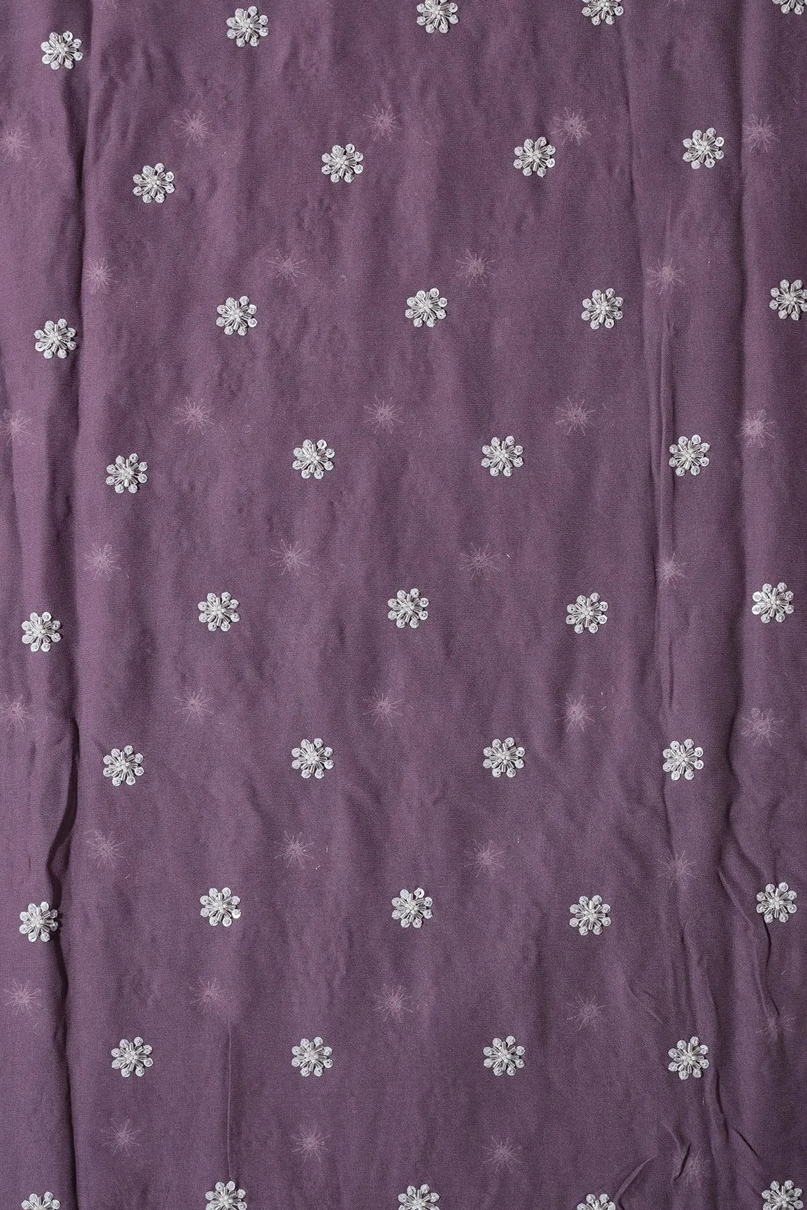 Silver Beads With Sequins Small Floral Handwork Embroidery On Viola Purple Viscose Georgette Fabric