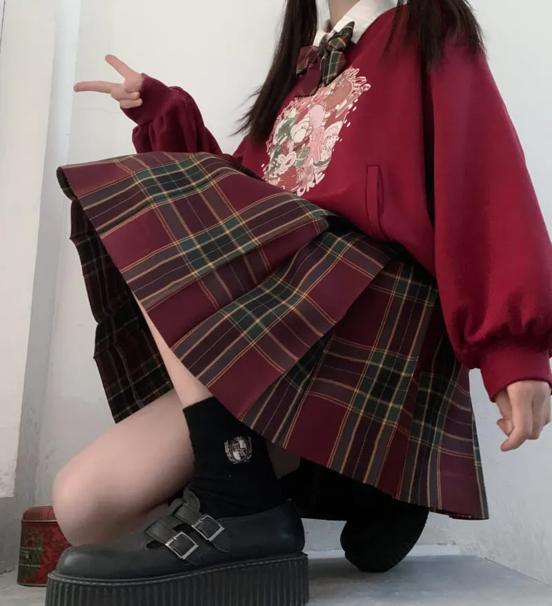 [Skirt / Bow] JK Christmas red green plaid uniform skirt