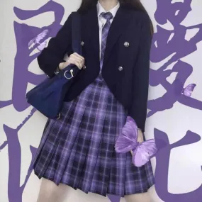 [Skirt / Bow] JK Purple-Blue plaid uniform skirt