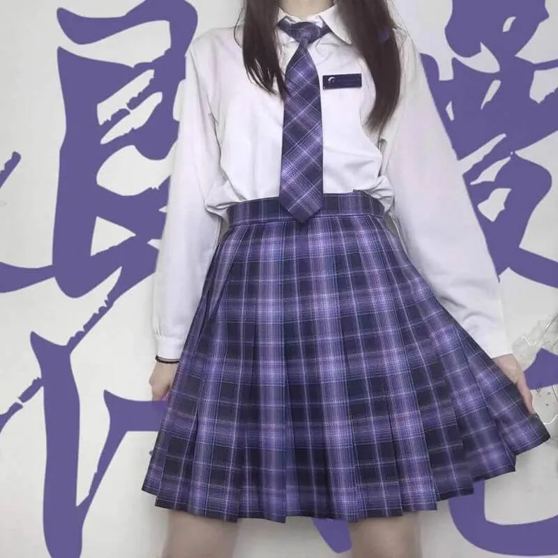 [Skirt / Bow] JK Purple-Blue plaid uniform skirt