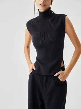 Sleeveless Mock Neck Trendy Slit Ribbed Knit Sweater