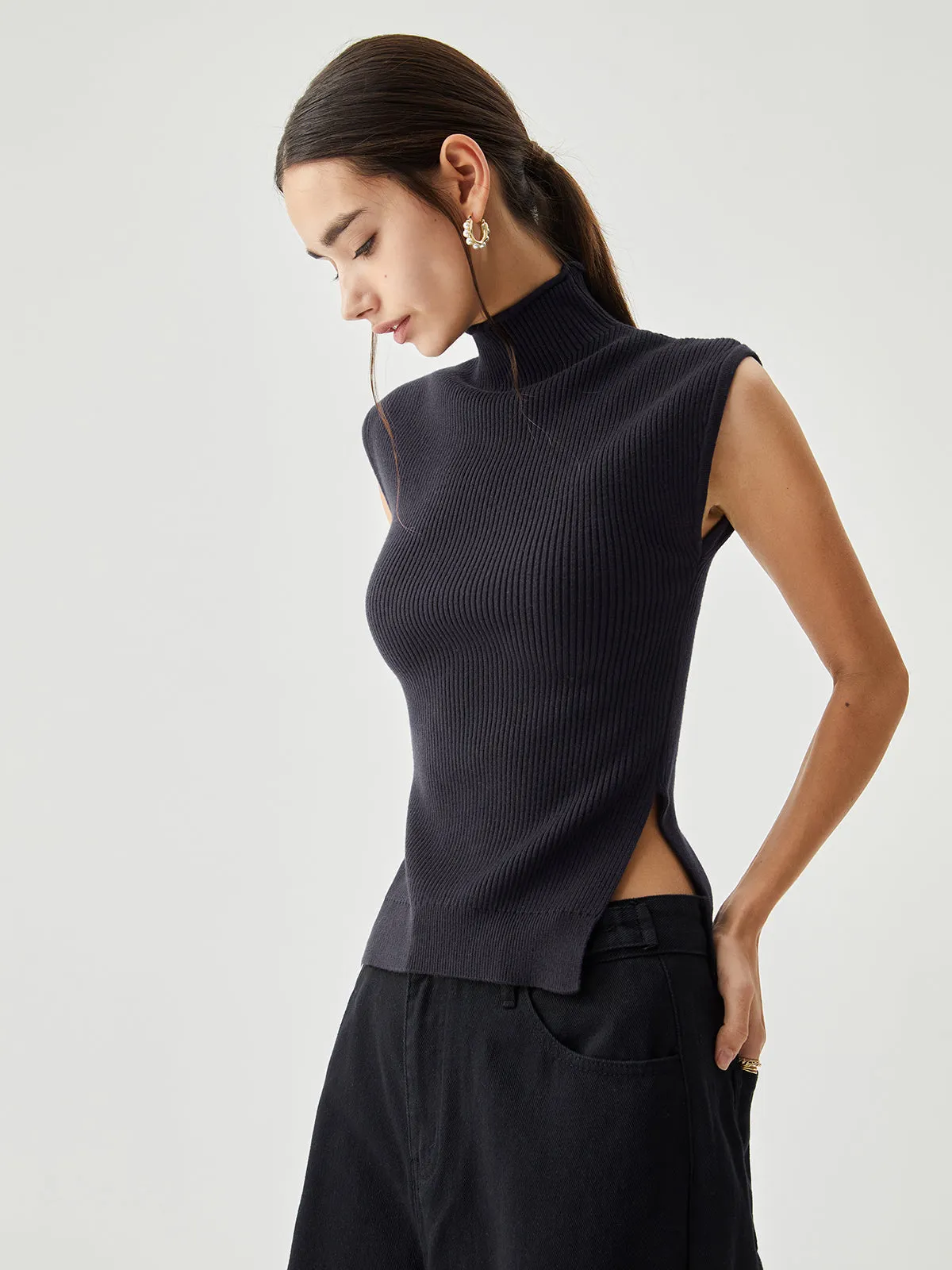 Sleeveless Mock Neck Trendy Slit Ribbed Knit Sweater