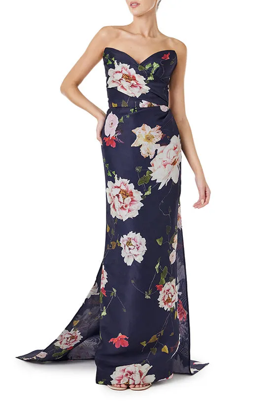 Strapless Floral Gazar Gown with Train