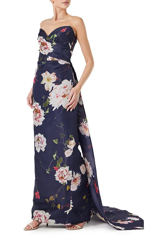 Strapless Floral Gazar Gown with Train