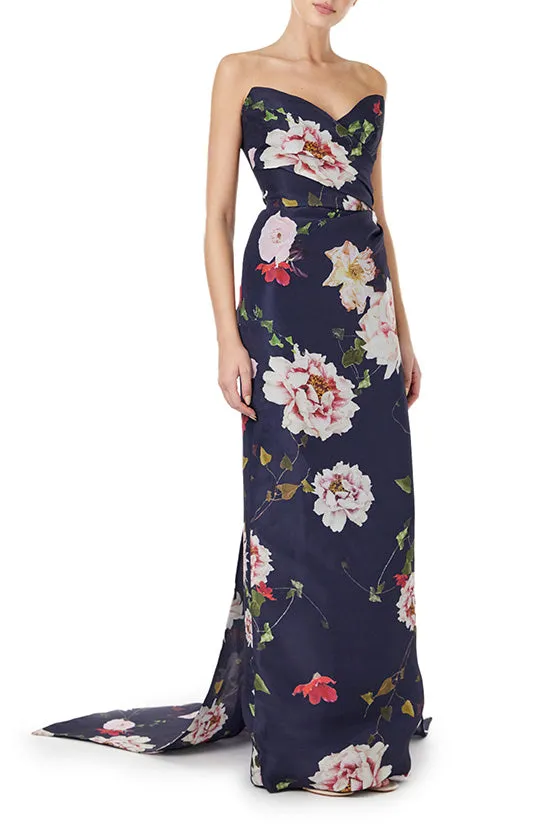 Strapless Floral Gazar Gown with Train