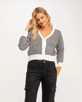 Striped And Checkered Cardigan-Style Short Jacket With Buttons Black