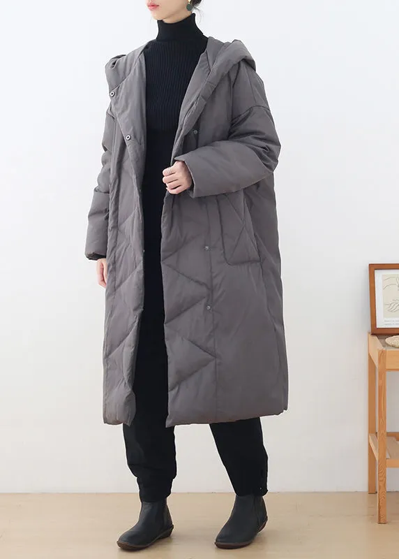 Stylish Grey Zippered Button Duck Down Long Hooded Down Coats Winter