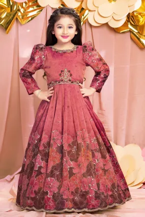 Tomato Mirror, Beads, Stone and Zari work with Floral Print Long Party Gown for Girls