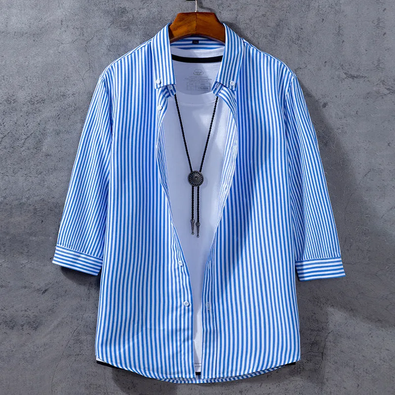 Trendy Three-Quarter Length Sleeves Men Shirt Youth Student Striped Half Sleeved Korean Slim Look Men Shirt