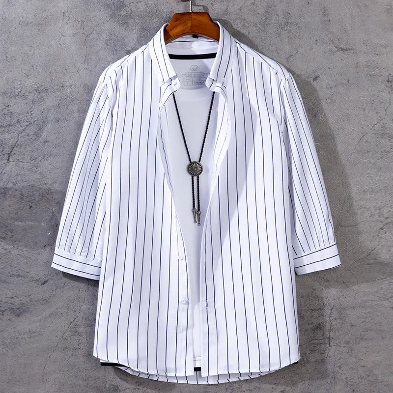 Trendy Three-Quarter Length Sleeves Men Shirt Youth Student Striped Half Sleeved Korean Slim Look Men Shirt